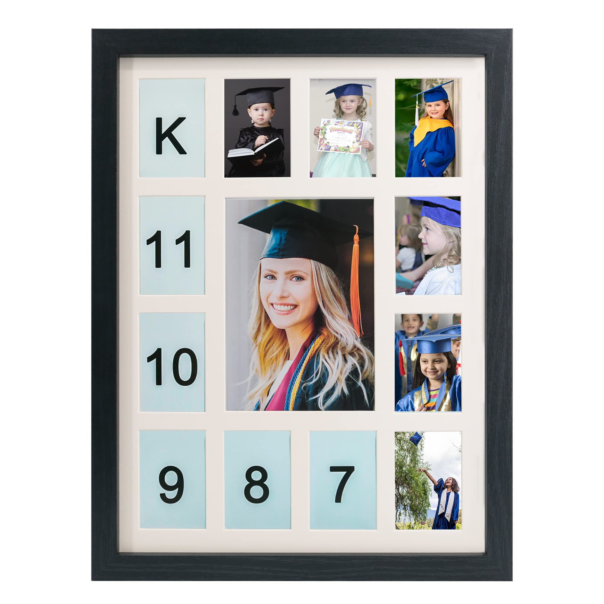 GMFrames School Years Picture Frame K-12 Day Graduation Photo Collage Black Frame with Mat, Displays One 5x7 Photo and Twelve 2.5x3.5 Pictures