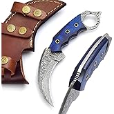 FAIQENTERPRICE Handmade Damascus Steel Hunting Knife with Sheath | 7.5'’ EDC Fixed Blade Knives For Men and Women Demasticus Camping Survival Belt Knifes For Horizontal Carry with Blue Wood