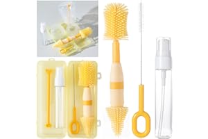 ARISENO 4-in-1 Portable Baby Bottle Brush, Travel Bottle Cleaner Kit with Silicone Bottle Brush, Nipple Brush, Straw Brush, Drying Rack, Dispenser, Organizer, Baby Travel Essential, Gifts for New Mom - Yellow