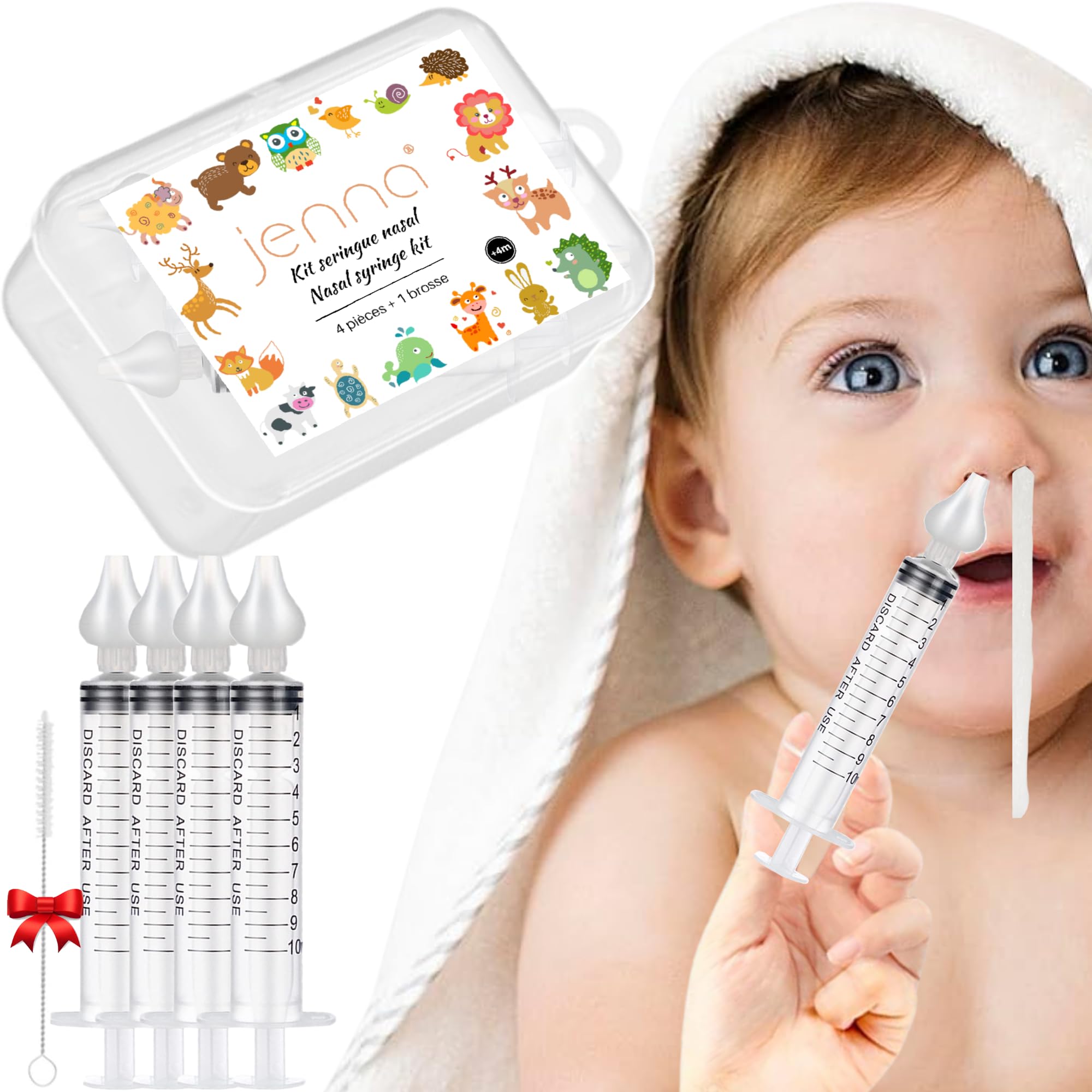 Cosm'Ethics Jenna Set of 4 Brushes - Baby Nasal Syringe 10 ml Irrigation Child Sinus Rinse Hygiene Effective Silicone Suction Tip Reusable Nose Cleaner Physiological Serum, Transparent/Green