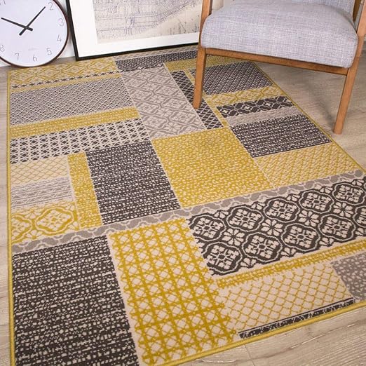The Rug House Tapis De Salon Traditionnel Milan Motif Patchwork Ocre Gris Beige Et Jaune Moutarde 120cm X 170cm