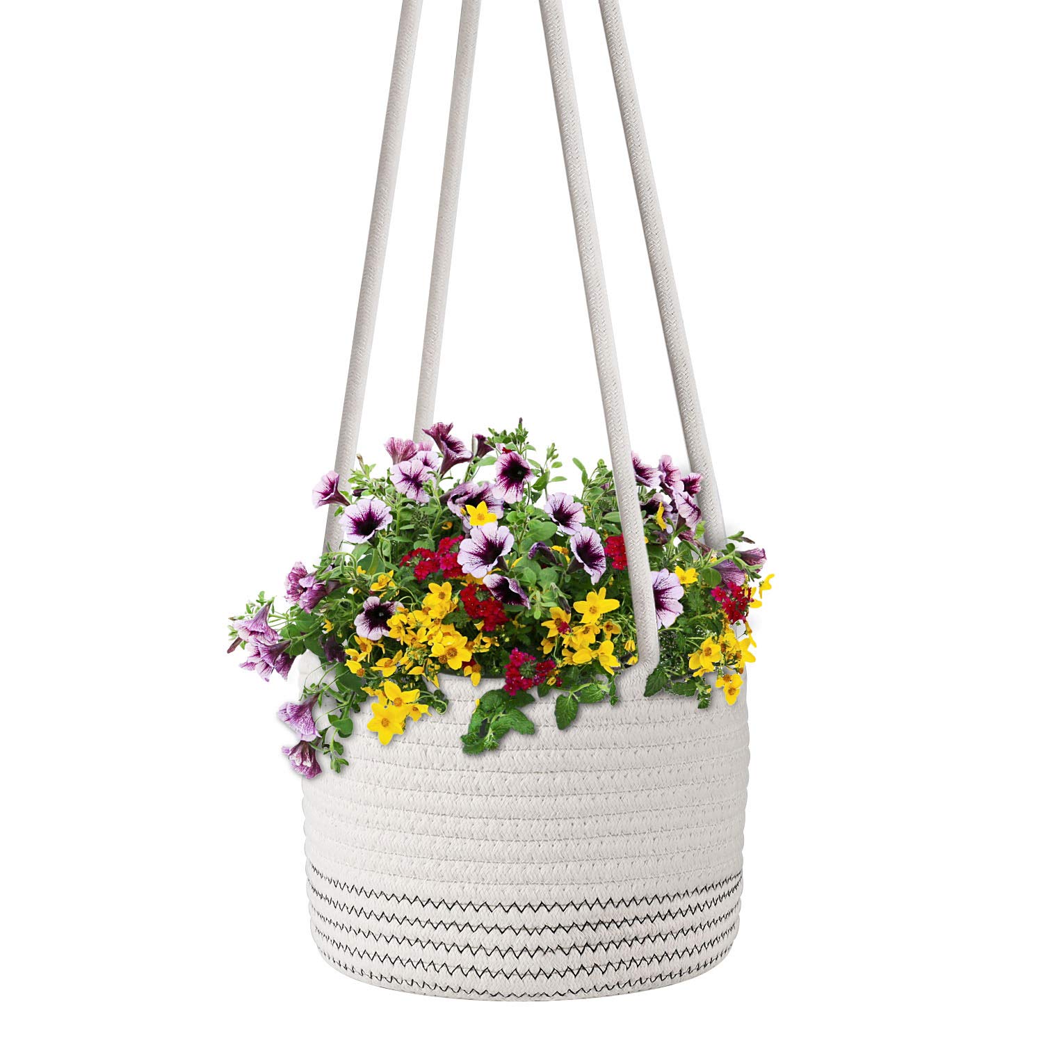 Flexzion Macrame Plant Hanger Basket for Indoor Plants - 8 Inch Jute Rope Planter Pot Cover, Woven Hanging Plant Holder Up to 7 Inch Pots, Boho Hanging Planters Home Decor Storage Organizer (White)