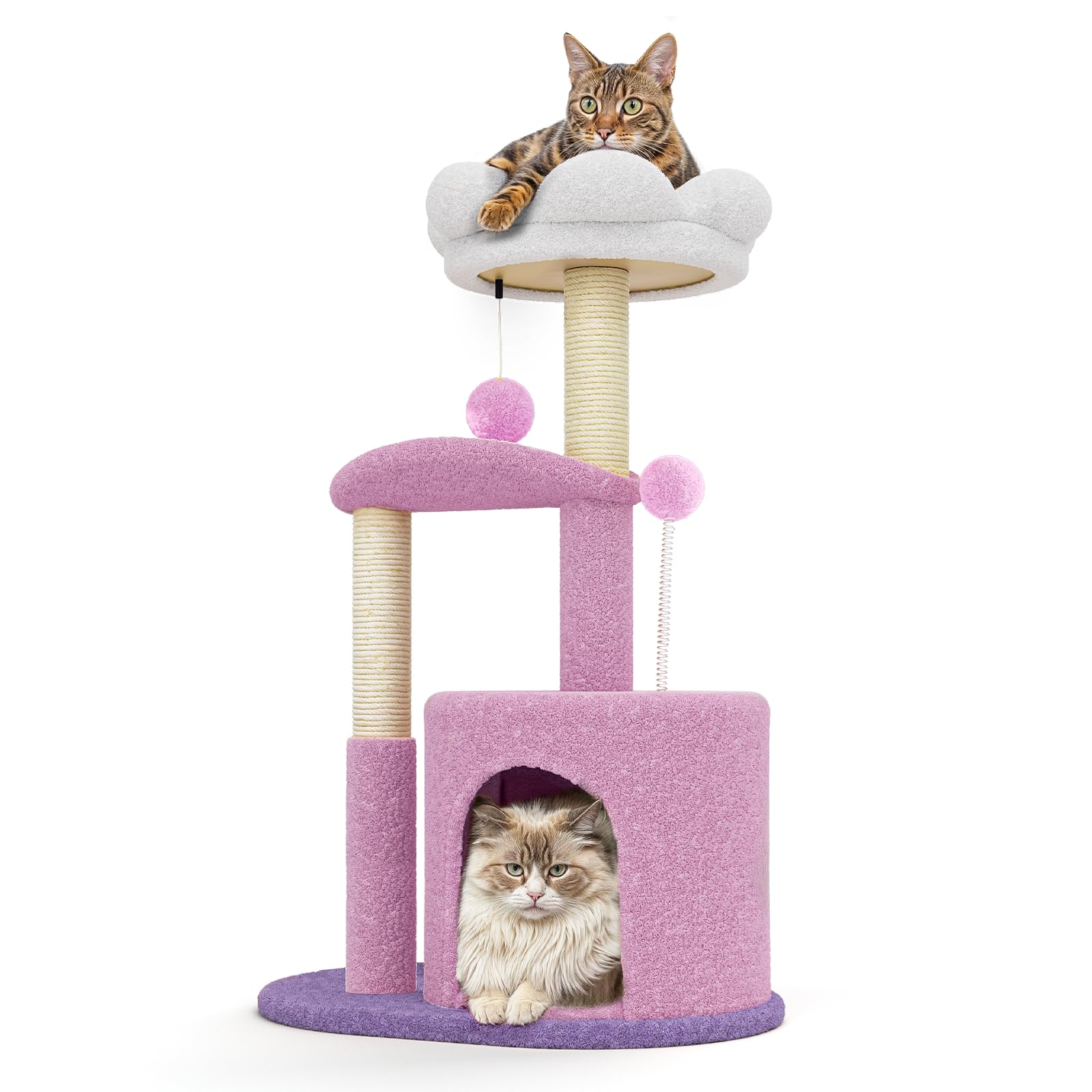 MoNiBloom 33″ Flower Cat Tower, Cute Cat Activity Tree with Scratching Post for Indoor Kittens, Cozy Condo & Plush Perches, Purple