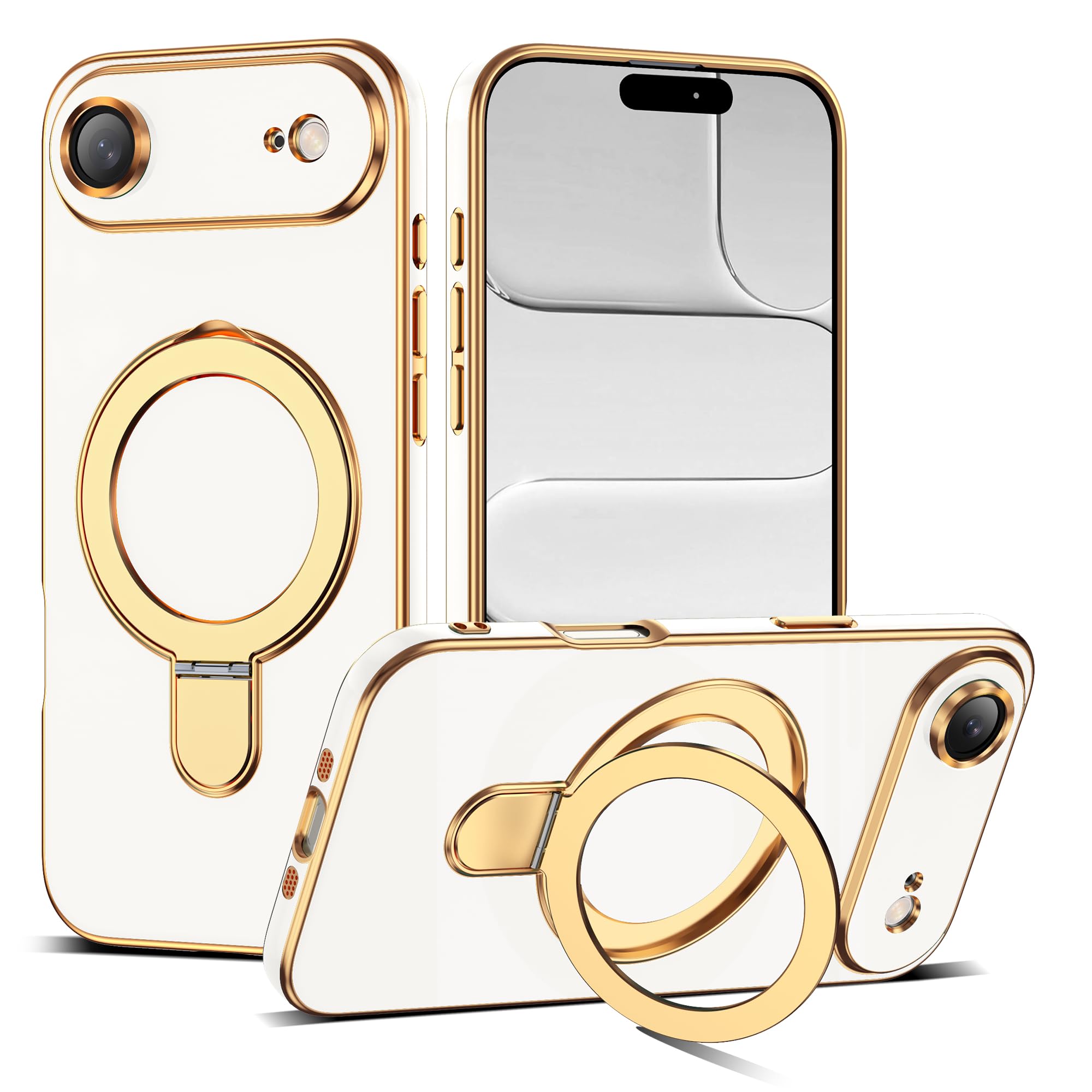 ETPESOK Compatible with iPhone 17 Air Case with Magnetic Ring Stand [Compatible with Mag-Safe] [Full Camera Lens Protector] Soft Plating Phone Case for iPhone 17 Air 6.5", White