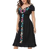 YZXDORWJ Women Mexican Embroidered Casual Dress Summer Ruffle V Neck Short Sleeves