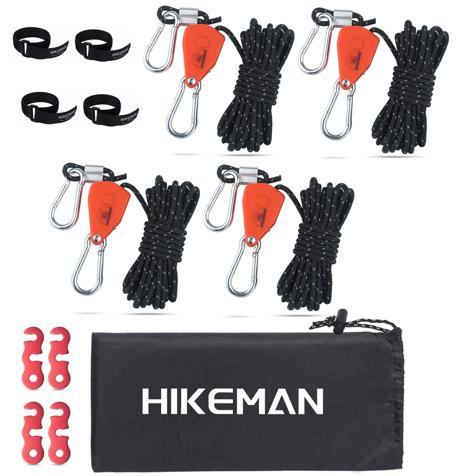 Tent Guy Ropes with pulley - 4mm Reflective Cord Tent Guide Rope with Aluminum Adjuster for Outdoor Camping Hiking Awning Tents (4PCS-Black)