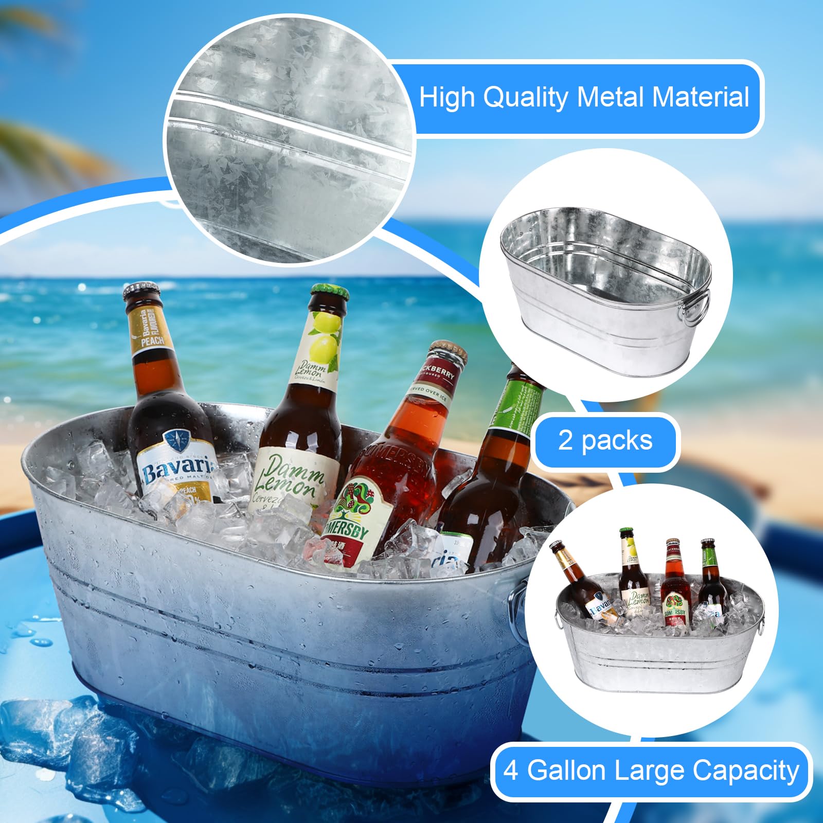 Galvanized Tub Beverage Tubs, 2pcs Metal Ice Buckets for Cocktail Bar 3 Gallon Wine Beer Drink Buckets with Handles Large Tub Cooler Mimosa Bar Supplies Ice Bucket for Parties 15x9x6inch(Galvanized)
