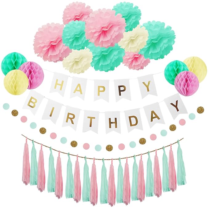 HappyHours Birthday Deko Geburtstag, Birthday Girlande Jungen, Mächen Decorations, 38 Stücks Deko Set Geburtstag Mint