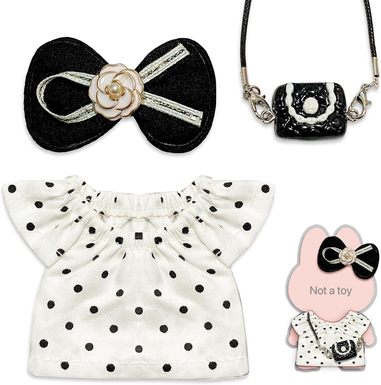 View 1 of 17cm Doll Clothes – Polka Dot Dress with Bow Clip & Decorative Crossbody Bag | Collectible Outfit Set for Mini Plush Dolls (No Doll Included)
