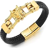 Mens Steel Gold Color Wolf Head Motorcycle Bike Chain Black Braided Leather Bangle Bracelet, Magnetic Clasp
