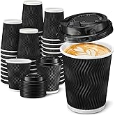 Funnymoom 140 Set 8 oz Disposable Coffee Cups with Lid Insulated Corrugated Paper Hot Cup Bulk Ripple Wall Insulated Water Mug Suitable for Chocolate Cocoa, Juice, Drink(Wavy Pattern,Black)