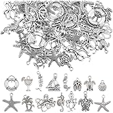 SUNNYCLUE 90PCS 15 STYLES Silver Ocean Charms Bulk Sea Life Charm Metal Alloy Summer Marine Hawaii Holiday Turtle Shell Animal Charms for Jewelry Making Charms Diy Earrings Bracelet Necklace Craft