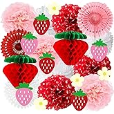 Strawberry Paper Honeycomb Ball, Red Pink White Tissue Pom Poms Fans Honeycomb Lanterns Garland for Girls Women, Berry Sweet Frist Brithday Party Decorations, Shortcake Baby Shower Supplies Favors.