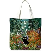 LIANGW Cute Black Cat Canvas Tote Bag Aesthetic Flowers Reusable Shopping Grocery Bags Birthday Gifts for Women & Teen Girls