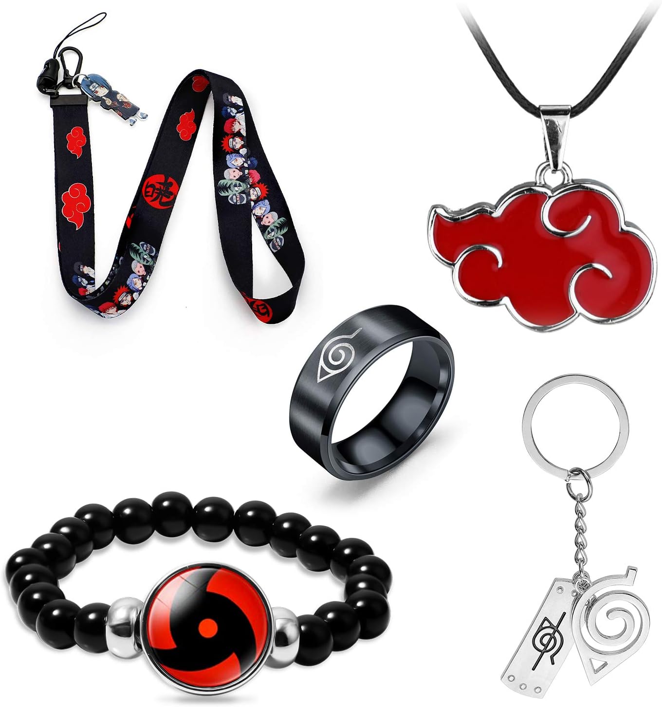 5 Pcs Set Anime Naruto Jewelry Gift Konoha Keychain,Ring,Itachi Lanyard