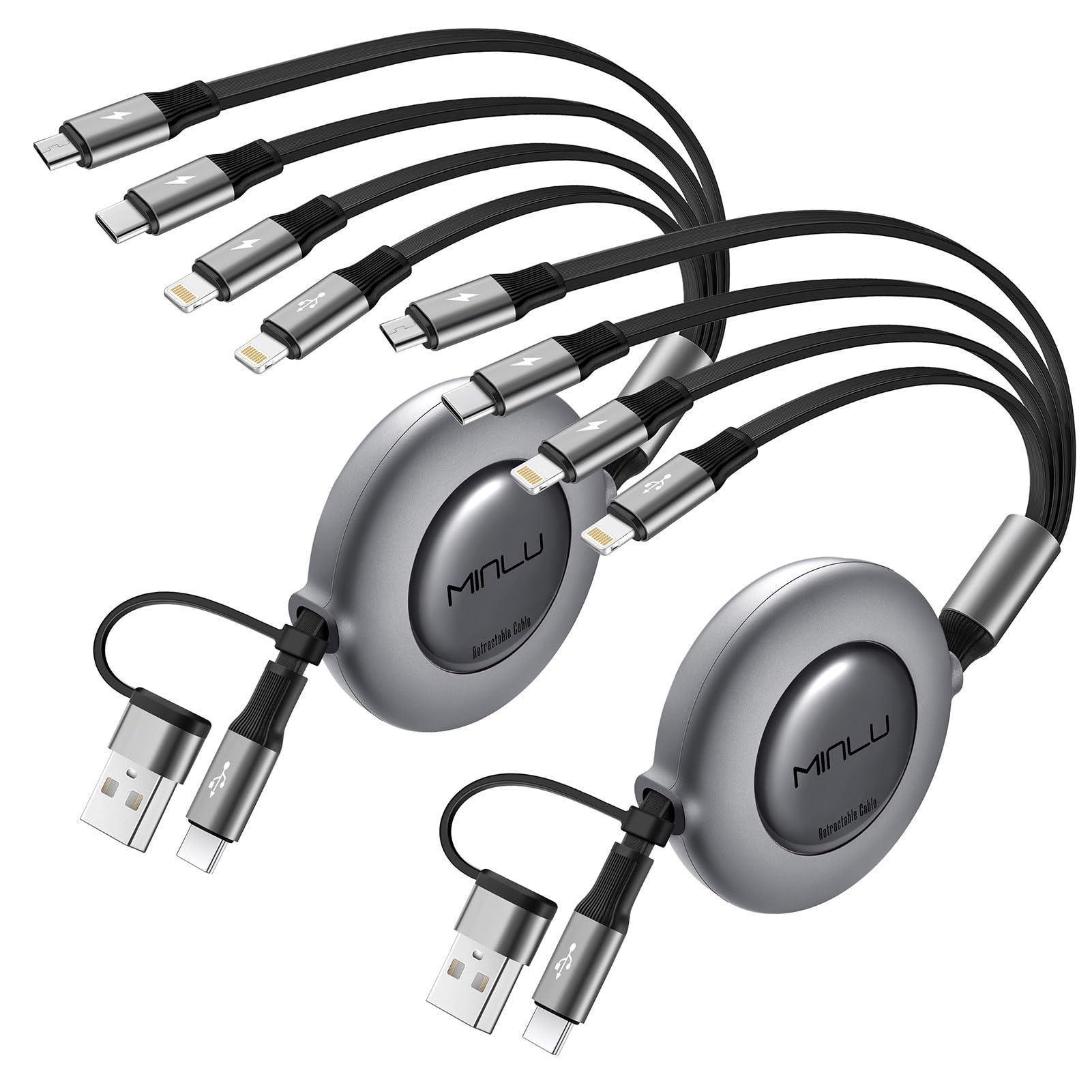 Photo 1 of 4 in 2 Retractable Charging Cable 4A,2Pack 4Ft Multi Chargers for All Devices,USBC Charging Cable with A/C to Type C/L/Micro USB Ports Universal Multiple USB Cable for iPhone Series/Samsung/Tablets/PS