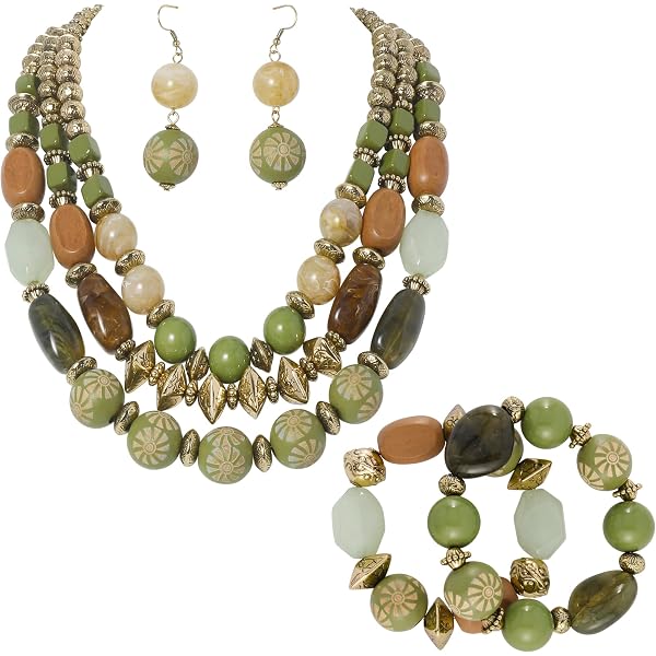 BOCARJEWELRY 3 Layer Chunky Beaded Necklace & Earrings Set – Statement Collar, Rose Gold, No Gemstone - View #2