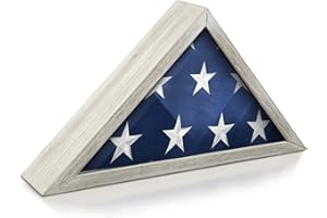 HBCY Creations Flag Display Case for 5' x 9.5' American Veteran Burial Flag - Solid Wood Whitewashed Frame with Glass Front - Wall Mount or Standing Display