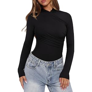 REORIA Women's Long Sleeve Ruched Bodysuit Wrap Tops | Thong Body suits for Women,Double Lined,Mock neck,Sexy,Slim Fit,2026 F