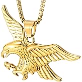 COOLSTEELANDBEYOND Men’s Gold Eagle Pendant Necklace, Stainless Steel Flying Hawk Bird Design, Statement Chain Jewelry