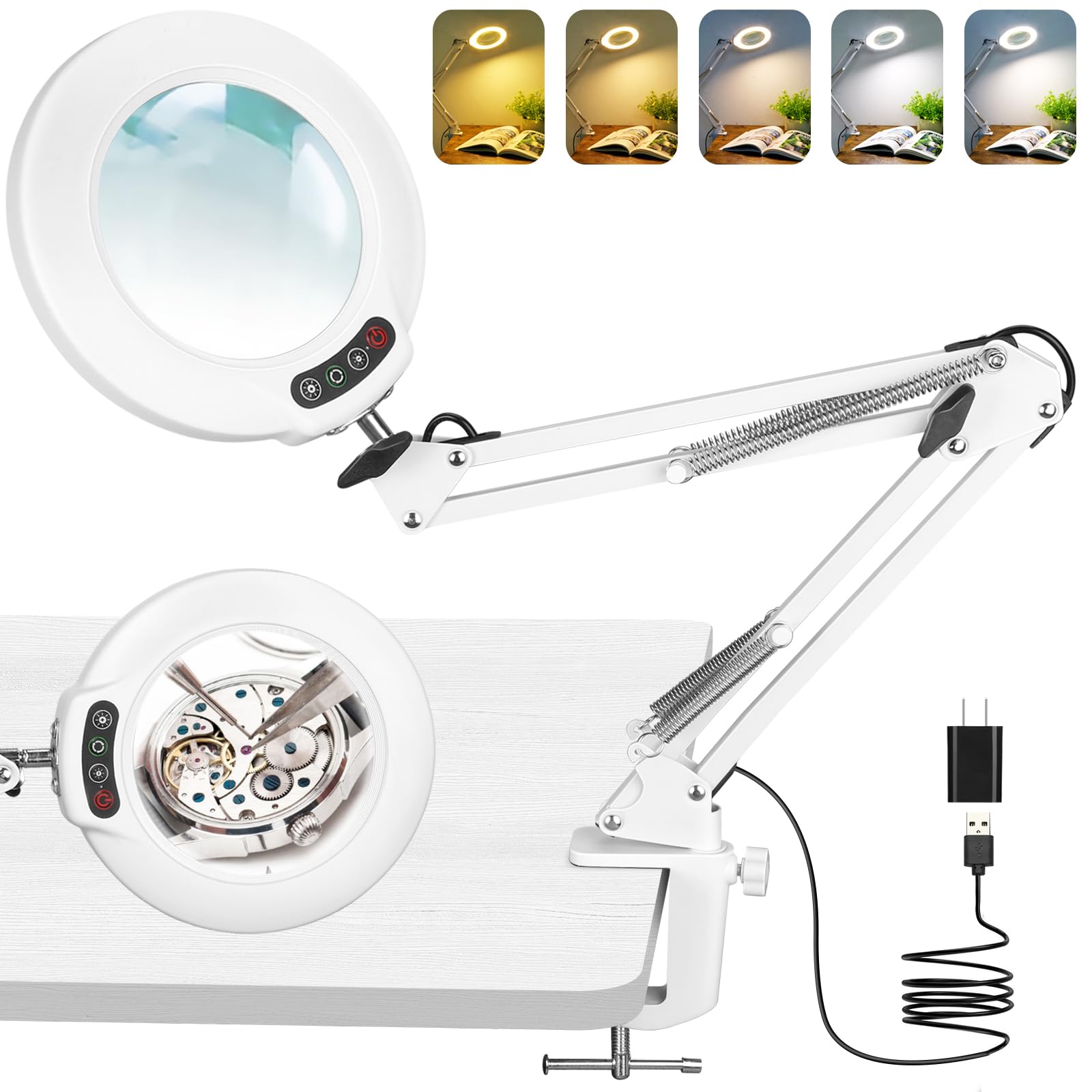 Photo 1 of IVMAIE 10X Magnifying Glass with Light and Clamp, LED Desk Lamp with Swing Arm, 5 Color Modes Dimmable Lighted Magnifier with Stand, Hands Free for Painting Crafts Jewelry Sewing Close Work, White