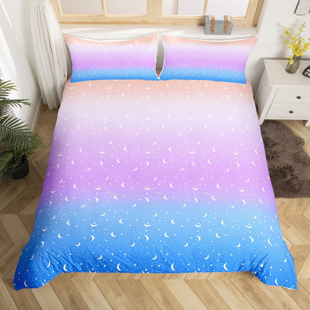 Loussiesd Rainbow Duvet Cover Set for Kids Girls Pink Blue Bedding Set Star and Moon Comforter Cover Single Size