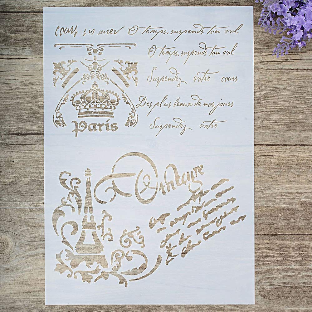 DIY Decorative French Script Stencil Template for Painting on Walls Furniture Crafts (A4 Size)