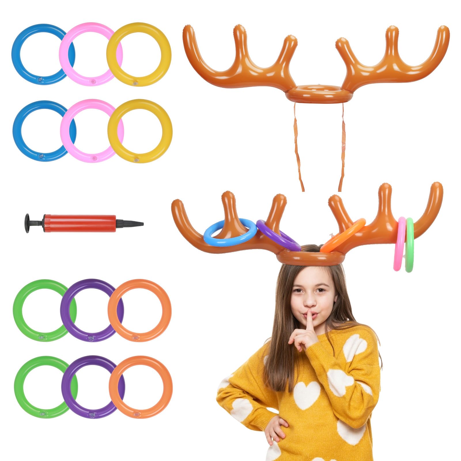 KATOOM 2 Sets Party Toss Games Inflatable Reindeer Antler Hat Game for Kids Adults Family with 12 Rings Summer Pool Games Easter Carnival Box Fillers Indoor Outdoor