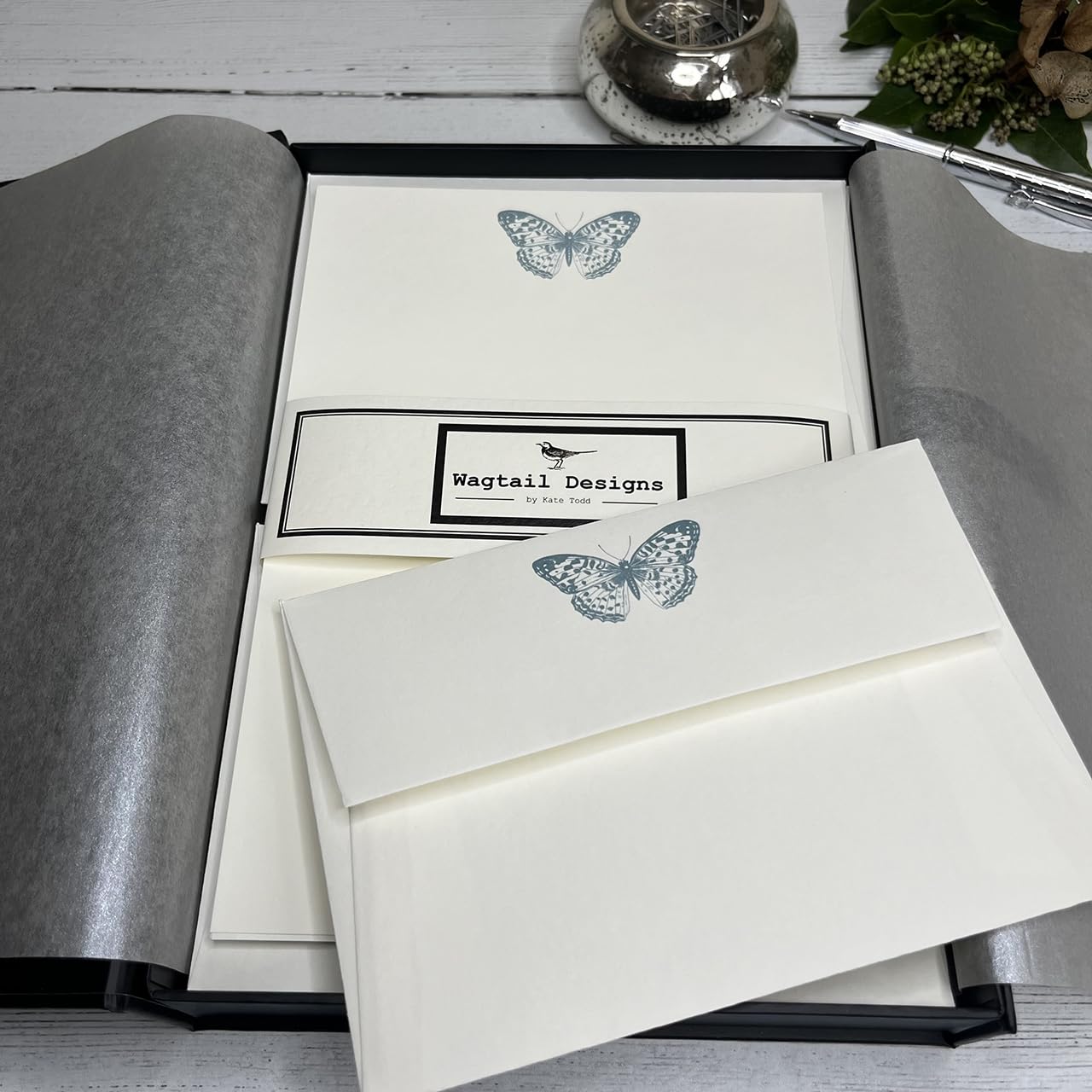 Wagtail Designs Writing Paper Gift Set with Butterfly Design in a Lovely Black Box with Ribbon (18 Sheets and 18 envelopes)