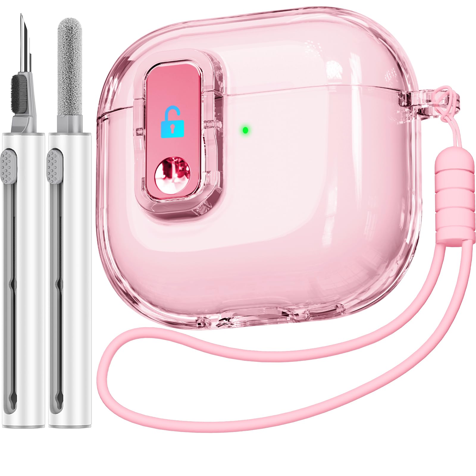 Photo 1 of (with Safety Lock) Clear Case Compatible with AirPods 4th Generation Cases with Cleaner Kit,Soft TPU Transparent AirPods 4 Case,Full Protection Cover with Lanyard for AirPods 4 Gen (2024) (USB-C)-Pink