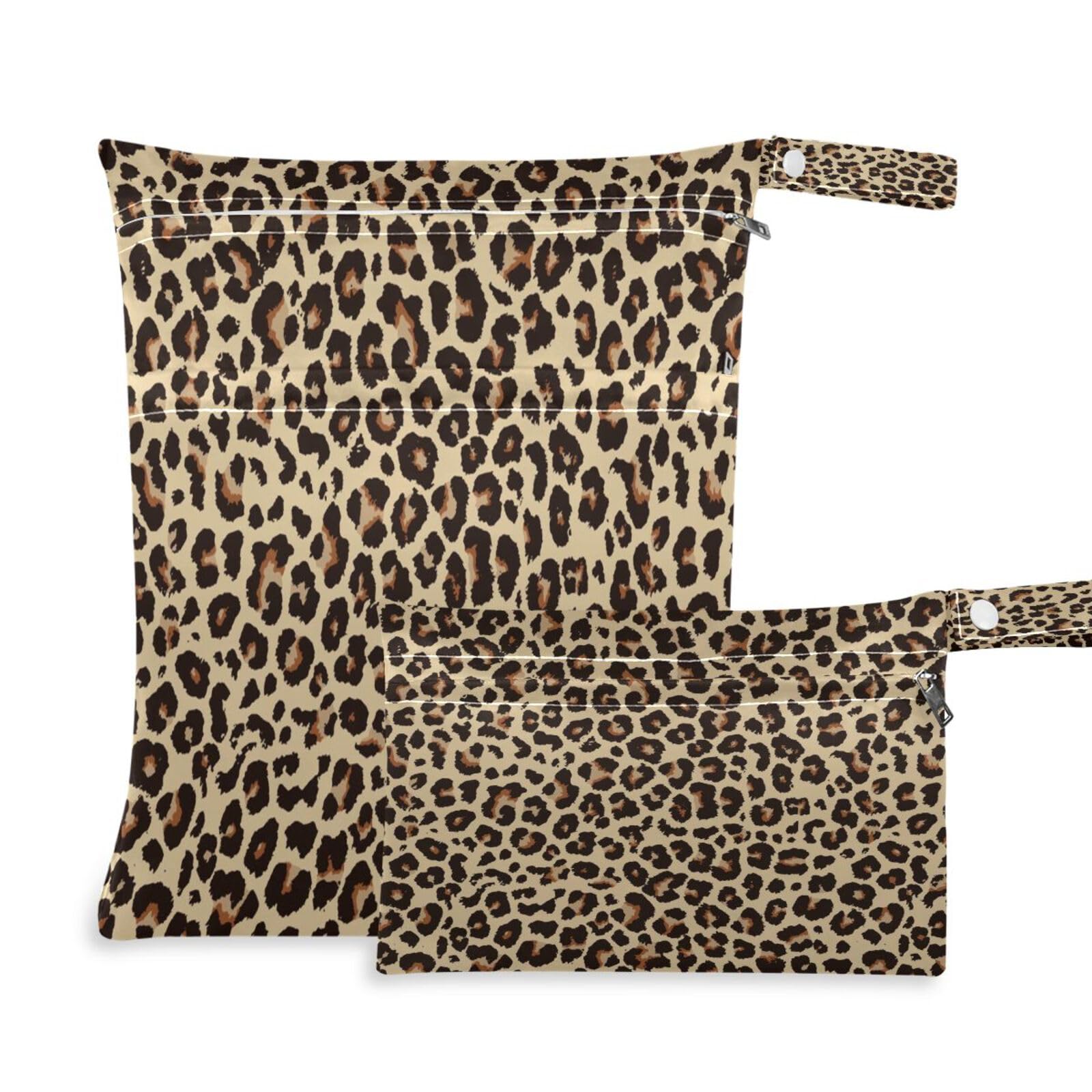 JUMBEAR Brown Leopard Print Wet Dry Bags Sets Waterproof Reusable Travel Beach Baby Cloth Diaper Wet Dry Bags Organizer with Two Zippered Pockets for Swimsuit and Gym 2PCS