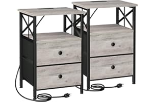 AMHANCIBLE Night Stand Set 2, Nightstand with Charging Station, End Tables Living Room with USB Ports and Outlets, Bedside Tables with Fabric Drawers for Bedroom, Greige HET05XGY