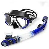 Snorkeling Gear for Adults, Anti-Fog 4-Window Snorkel Mask and Dry Top Snorkel Set, Adult Snorkel Set with Panoramic View, Soft Silicone, Mesh Bag for Scuba Diving, Swimming, Travel