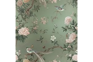 VEELIKE Green Floral Peel and Stick Wallpaper with Birds Vintage Chinoiserie Wallpaper 17.7''x354'' Removable Self Adhesive C