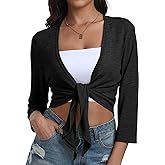 PrinStory Women's Tie Front Shrug 3/4 Sleeve Bolero Cardigan Lightweight Summer Casual Short Shawl Top S-4XL