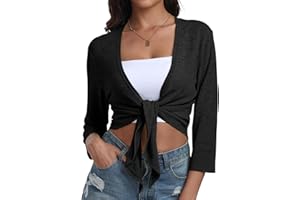 PrinStory Women's Tie Front Shrug 3/4 Sleeve Bolero Cardigan Lightweight Summer Casual Short Shawl Top