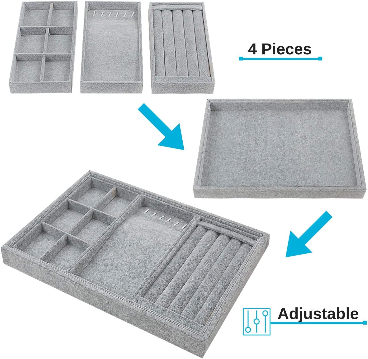 Houseables Jewelry Tray Organizer, Stackable Accessories Storage, 13.8"W x 9.5"D, 4 Pieces, Gray, Felt Earring Box, Drawer Insert, Velvet Ring Holder, Bracelet & Necklace Display, Cufflink Case: Home Improvement