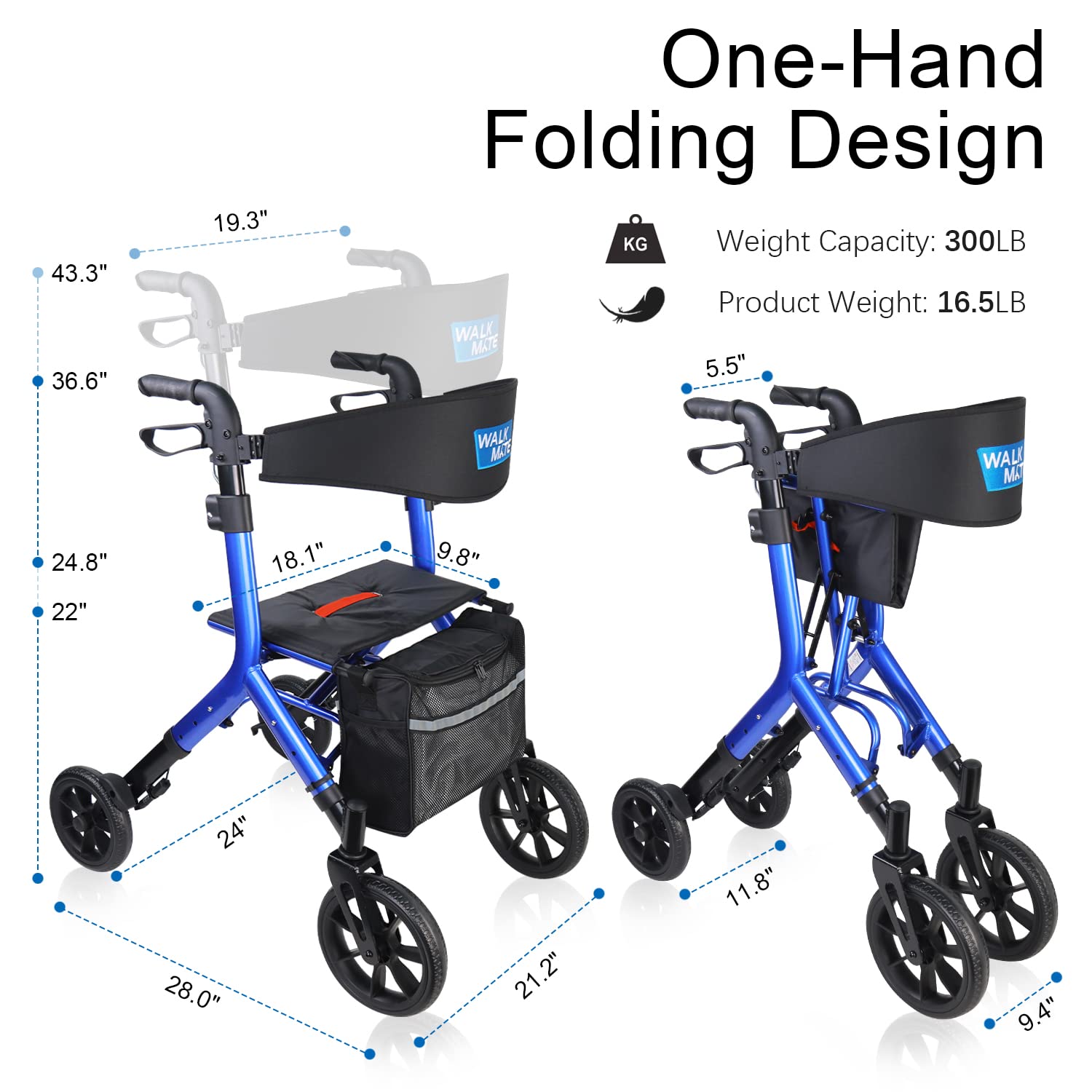 Rollator Walker for Seniors Taller 5.3~7ft with Height-Adjustable Seat, 10 Inch Wheels Wire-Hidden Walkers Compact Folding Design Lightweight Mobility Walking Aid Widen Backrest, Blue