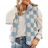 Yozazzy Sherpa Vest for Women Sleeveless Fuzzy Fleece Checkered Jacket Warm Casual Gilet Outerwear with Zipper