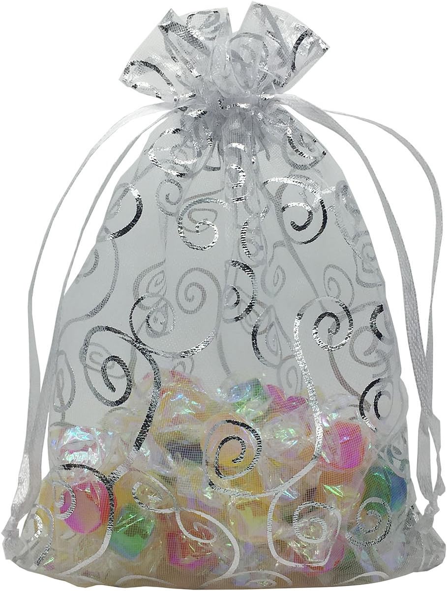 YIJUE 100pcs Drawstrings Organza Gift Candy Bags Wedding Favors Bags (6x8, Silver with White)