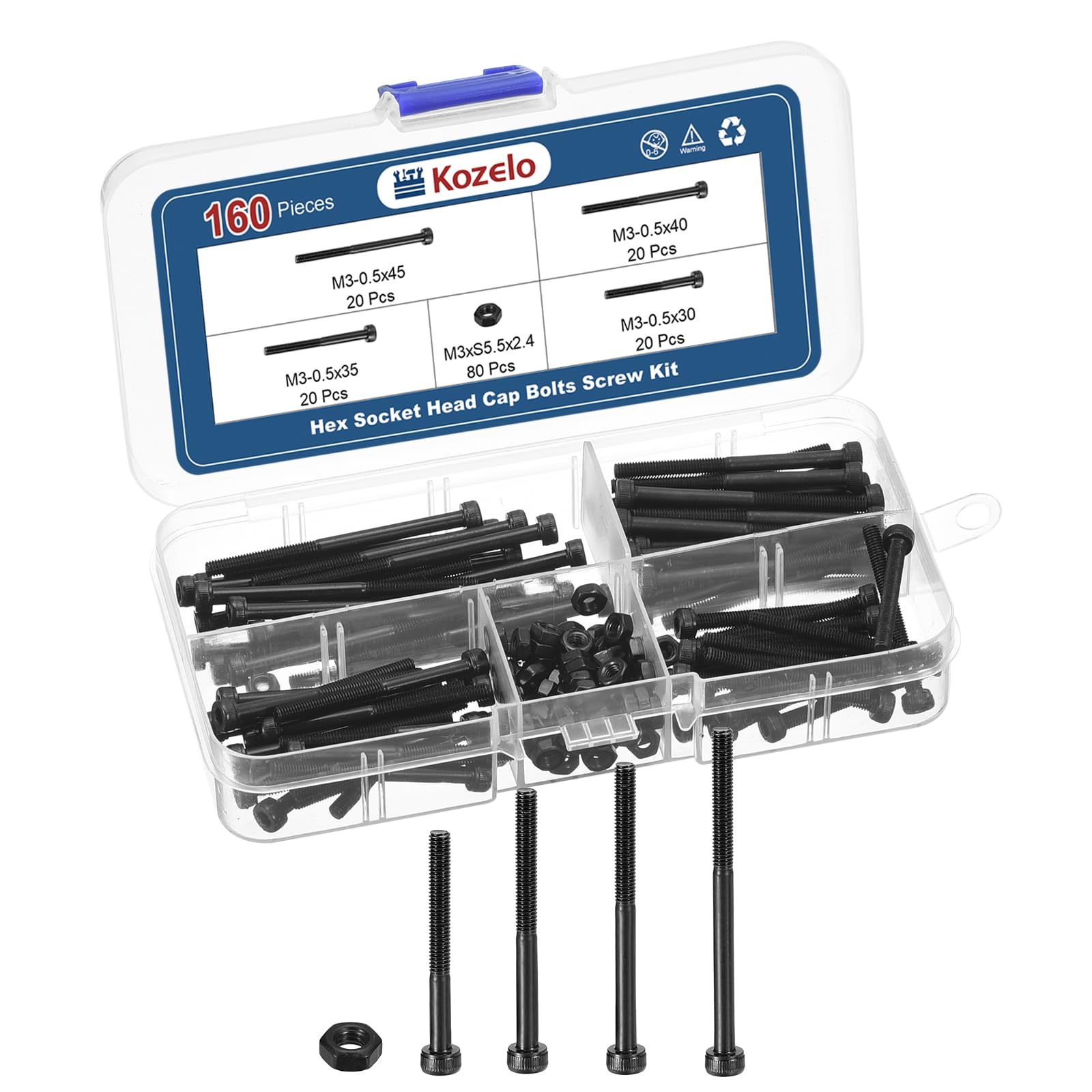 Kozelo 160pcs M3 Socket Head Cap Screws Bolts Nuts Assortment Kit - [M3x30/35/40/45mm] Alloy Steel Fully Threaded Black Oxide 12.9 Internal Hex Screw for 3D Printer Use — image 1
