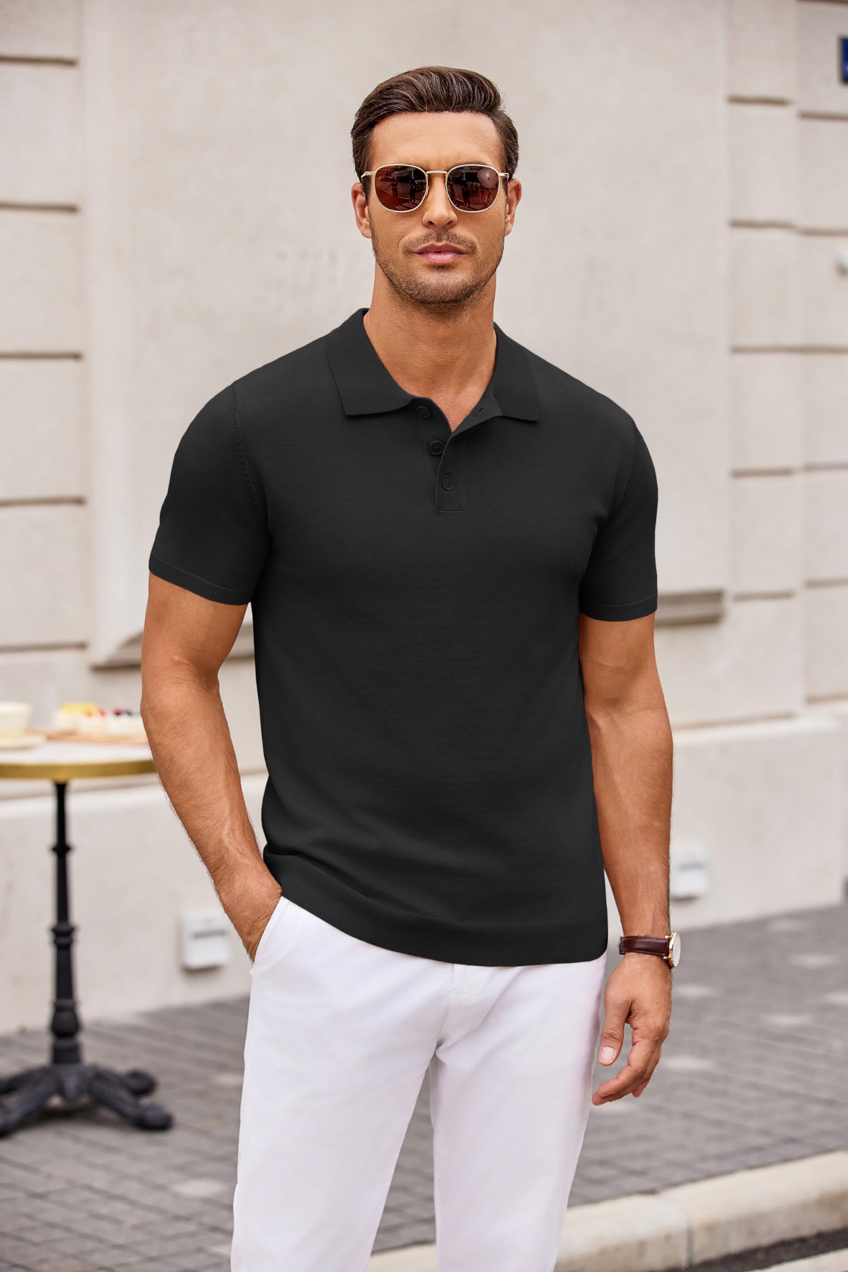 COOFANDY Poloshirt für Herren Classic Kurzarm Strick Sommer Sport Polo Tees Freizeit Golf Tennis Oberteile Schwarz L 2