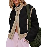 Tankaneo Womens Cropped Zip Up Fleece Jacket Stand Collar Fuzzy Sherpa Coat Winter Color Block Teddy Outerwear