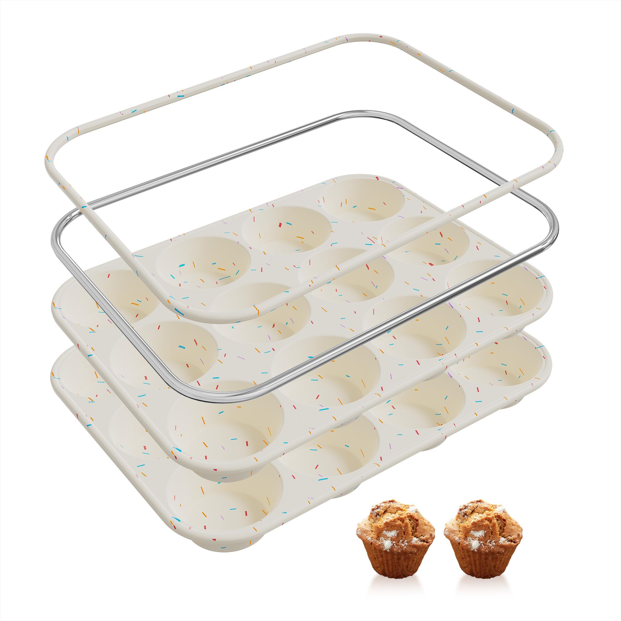 Photo 1 of 2 Pack 12 Cups Silicone Muffin Pan with Metal Reinforced Frame Regular Size Silicone Molds Cupcake Cake Baking Pans Cookie Baking Chocoflan Cupcake Mold Nonstick Muffin Tin Home Baking Supplies