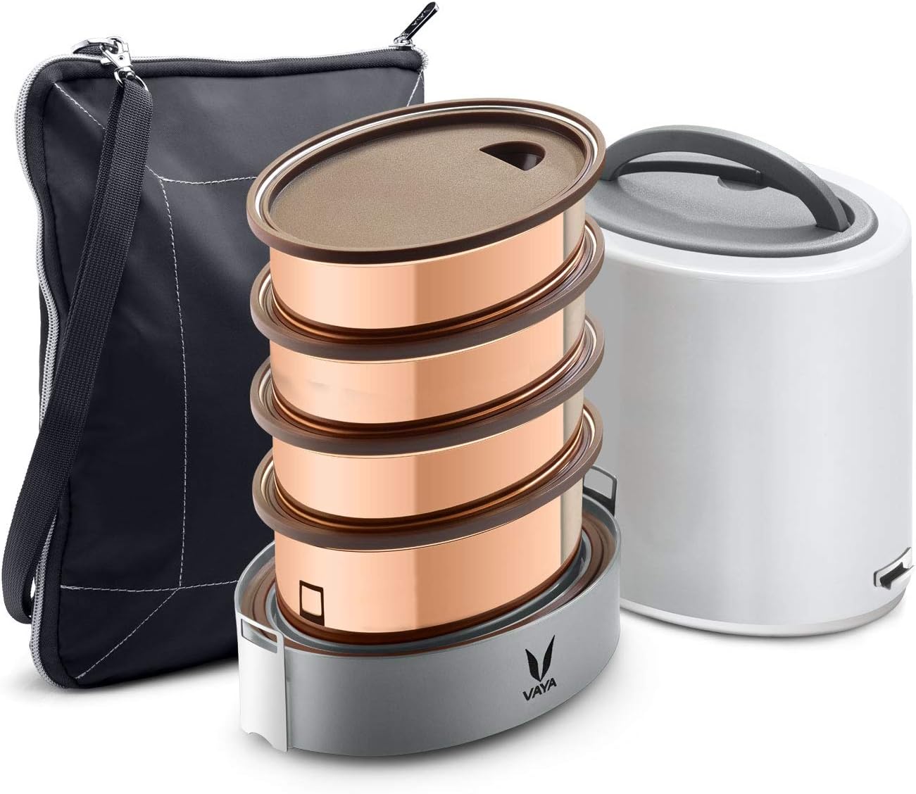 Vaya Tyffyn Jumbo 1300 ml, White, Vacuum Insulated Lunch Box with Bagmat - 4 Copper Finished Stainless Steel Leak-Resistant Food Storage Containers - BPA Free, Eco-Friendly Bento Box (Color : White)
