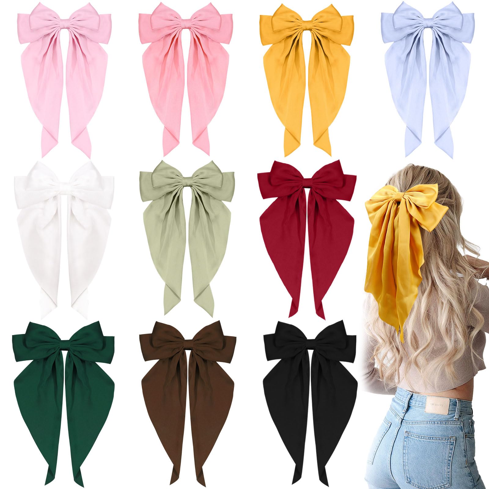 View 1 of 10 PCS Big Hair Bows for Women Girls,TOKUFAGU Large Hair Ribbon Bow Barrette Clips for Girls,Hair Bows with Long Tail Vintage French Hair Accessories for Women (10 Colors B)
