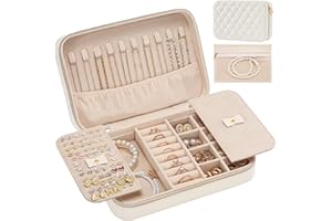 Lolalet Travel Jewelry Case for Women Girls, Travel Jewelry Organizer Box with Mirror & Clear Storage Bag, Small Portable Earring Necklace Bracelet Ring Case, Birthday Christmas Gifts -Medium, White