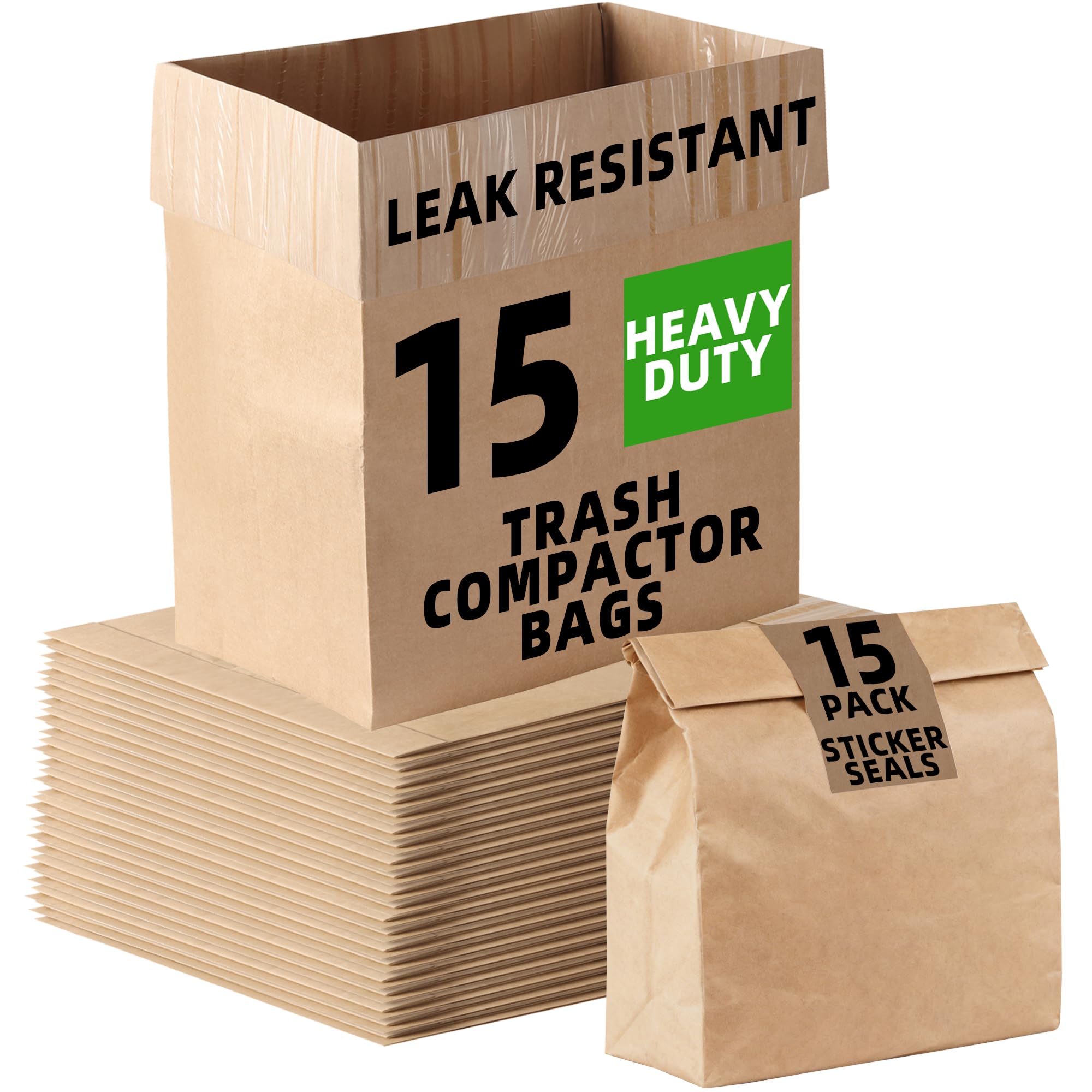 Photo 1 of (15-Pack) Calvana Super Strong Compactor Bags, Heavy-Duty Kitchen Paper Trash Bags with Leak Proof Plastic Liner, Fits GE Model Compactors with Rectangular Containers, Includes 15 Sticker Seals