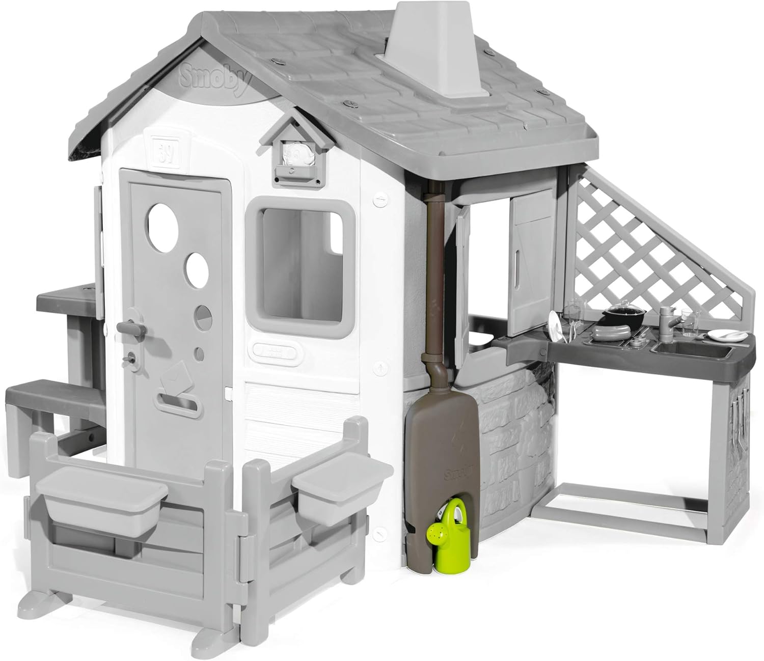 Smoby Regenfass mit Gießkanne Zubehör für Smoby Neo Jura Lodge, Sammlung von Regenwasser mit Regenrinne und Wasserhahn, wetterfest