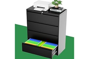 Greenvelly 4 Drawer Lateral File Cabinet with Lock, Locking Filing Cabinet, Metal Steel File Drawers Cabinet for Home Office, Horizontal File Cabinets for Legal/Letter/A4/F4 Size with Hanging Bars&Key
